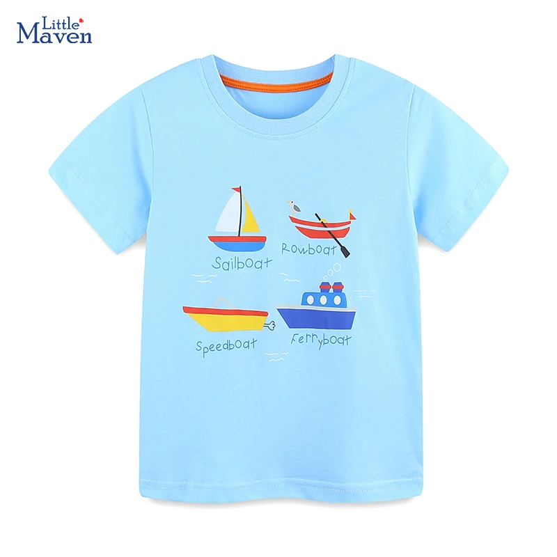 Little maven 2025 Summer New Kids Clothes Baby Boys Children's Clothing T Shirts Toddler Cartoon SailBoats Shirts 2-7 Years Old