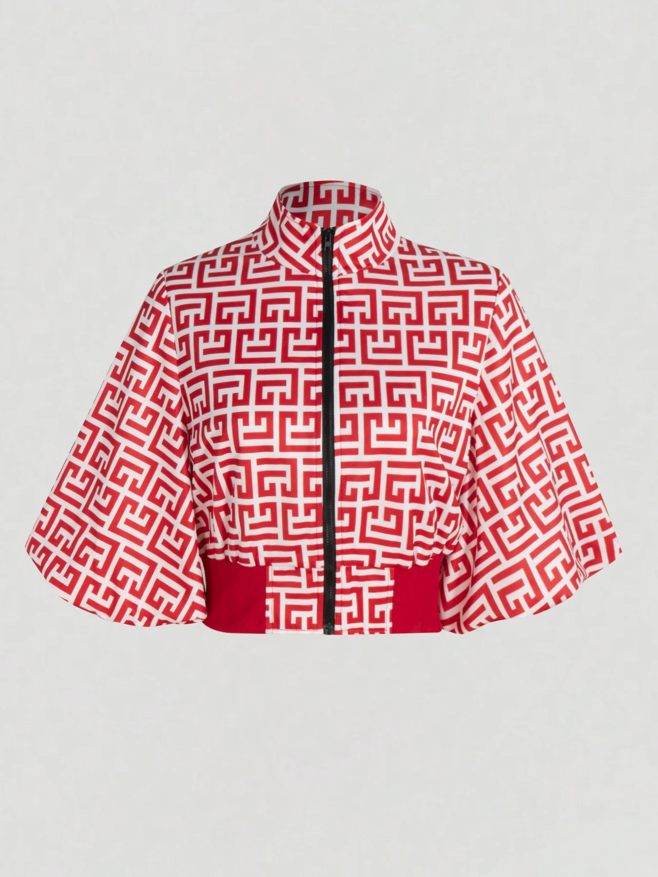 Schicke, kurze Damenjacke mit Reißverschluss, geometrischem Muster, für Herbst und Freizeit, kurze Ärmel, Stehkragen, Y2K-Oberteil – Detail 8