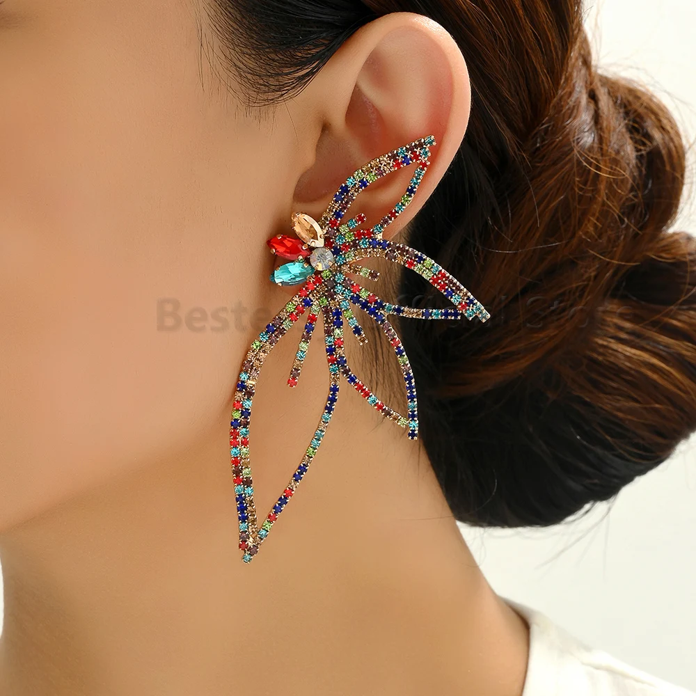 Luxury Rhinestone Butterfly Wings Big Dangle Earrings For Women 2024 Trend Party Wedding Exaggerated Statement Catwalk Jewelry