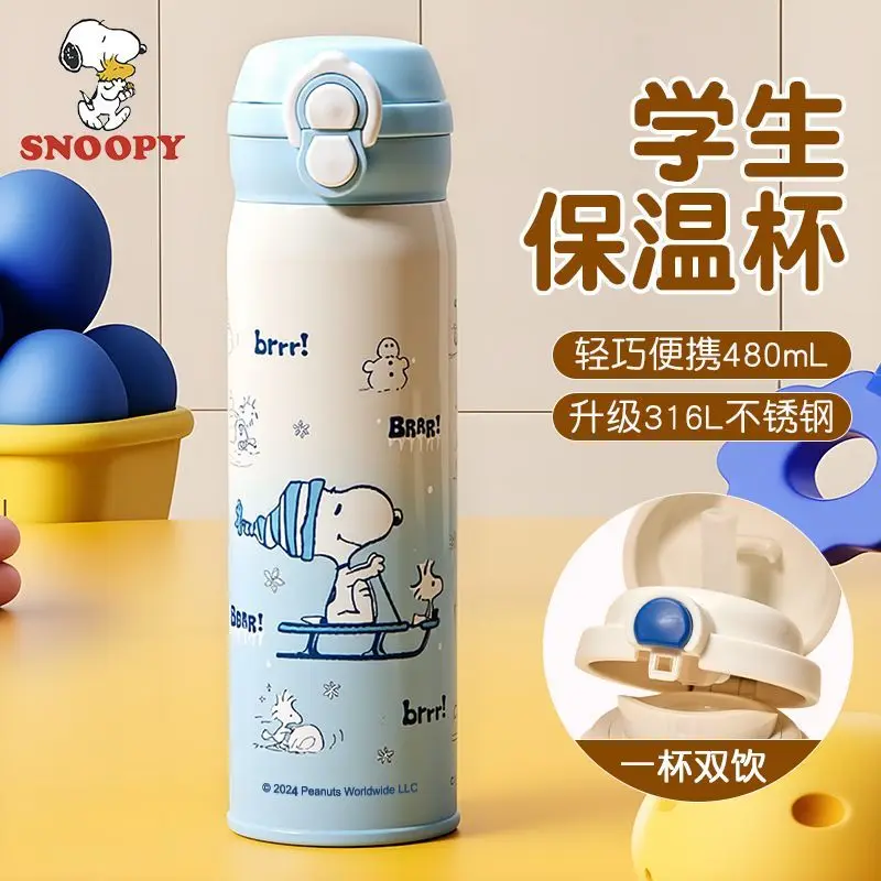 Copo Térmico Snoopy Compacto e Portátil para Estudantes, Copo Duplo para Beber, Bonito e Kawaii, em Aço Inoxidável 316, 480ml, Caneca de Café, Presente