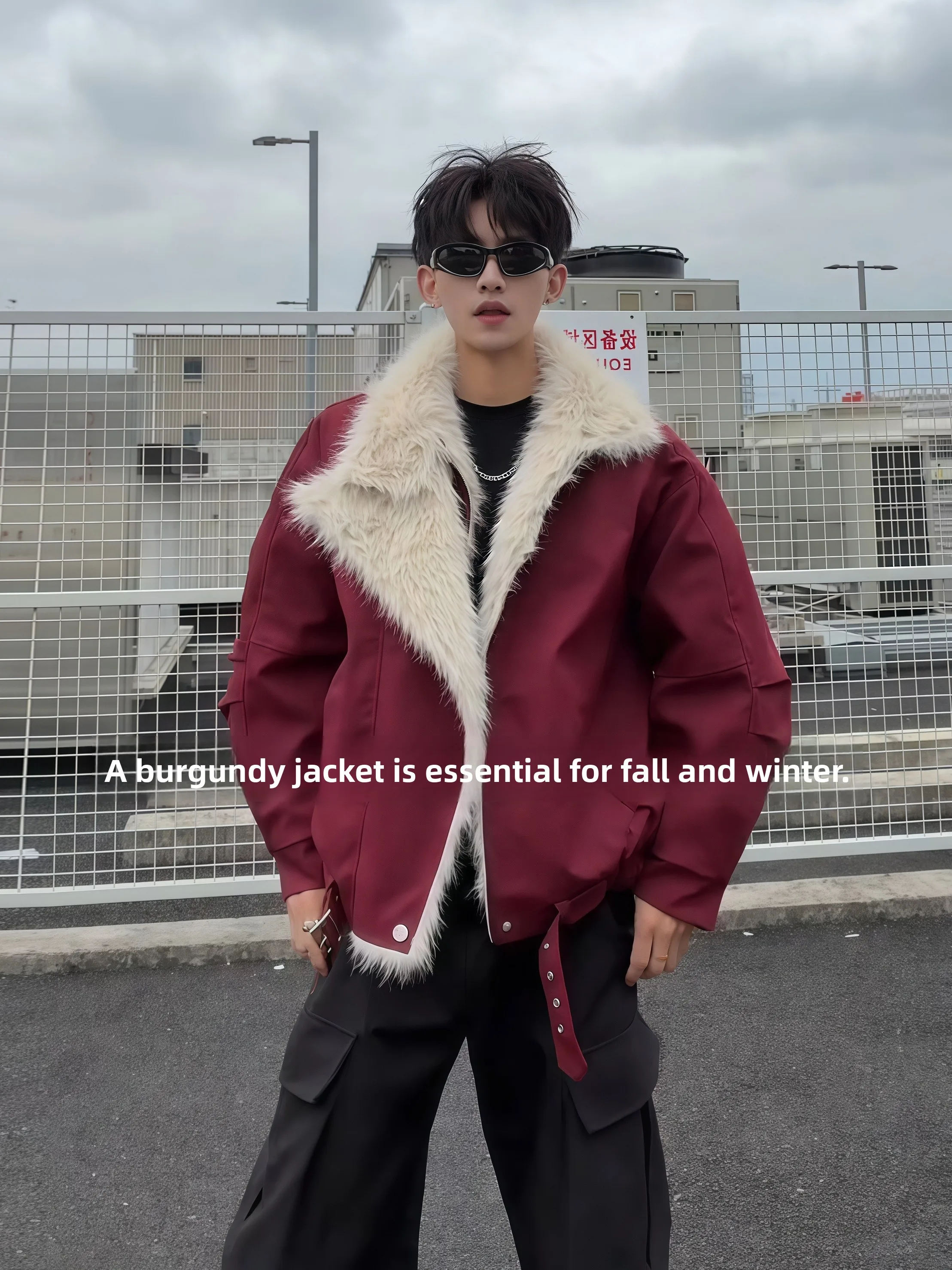 

Red Wine Color Men's Thiened Cotton Jaet CleanFit Design Asymmetrical Lapel Mountain Eagle Coat Winter Warm Long Sve