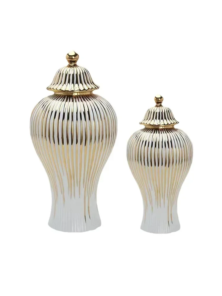 Premium Nordic Ceramic Plated Gold Striped Vase Universal Storage Jar Desktop Ornament General Jar Hotel Home Dried Flower Vase