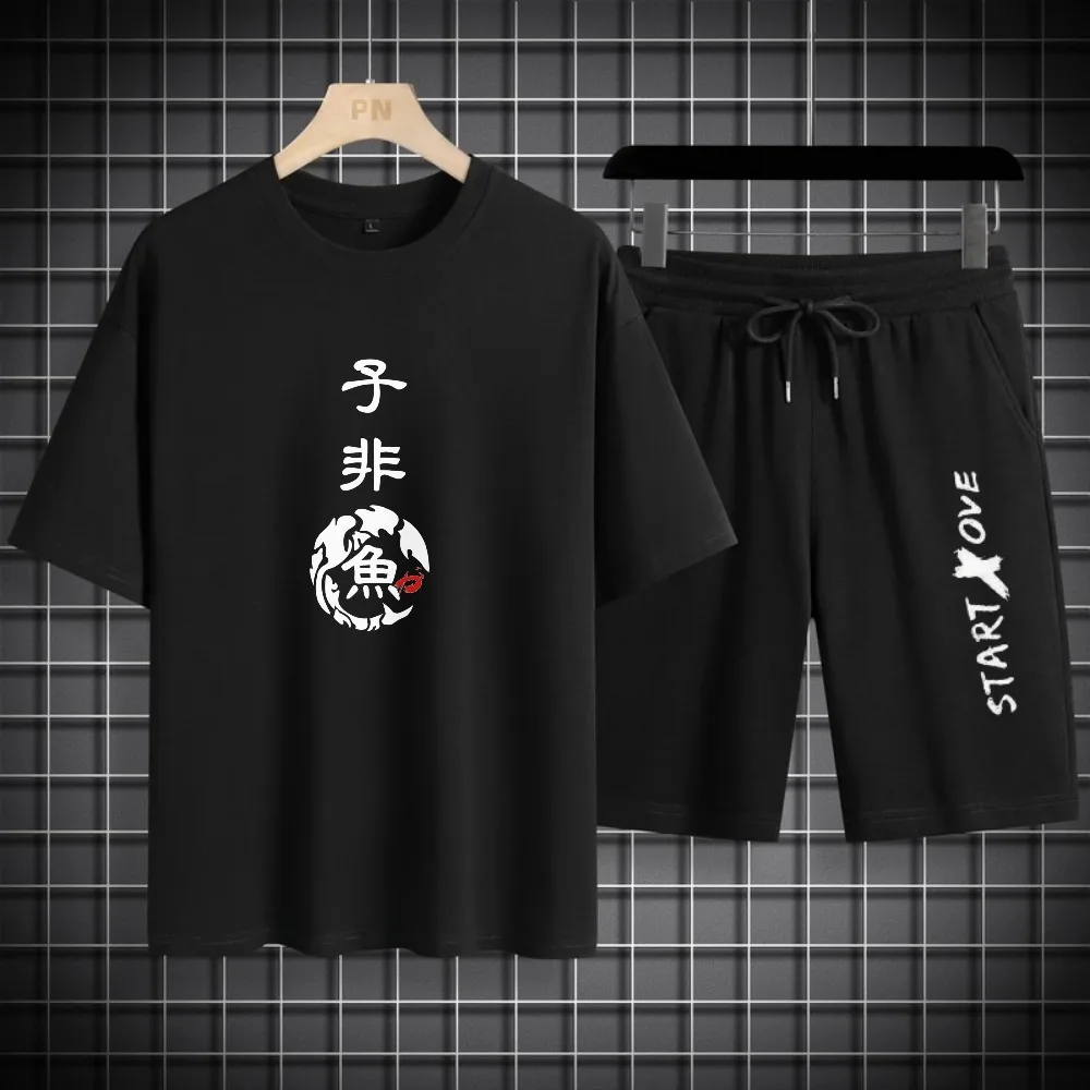 

2025 Summer Men's Sets 100% Cotton Comfortable Casual Sport Tee Short Letter Color Chinese Style Loose Gym Sports Top and Shorts