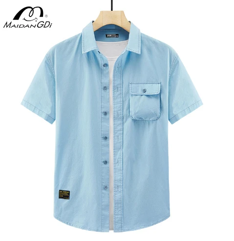 MAIDANGDI Solid Color Men's Versatile Shirt Cardigan Trendy  Comfortable Breathable Short Sleeved Shirt