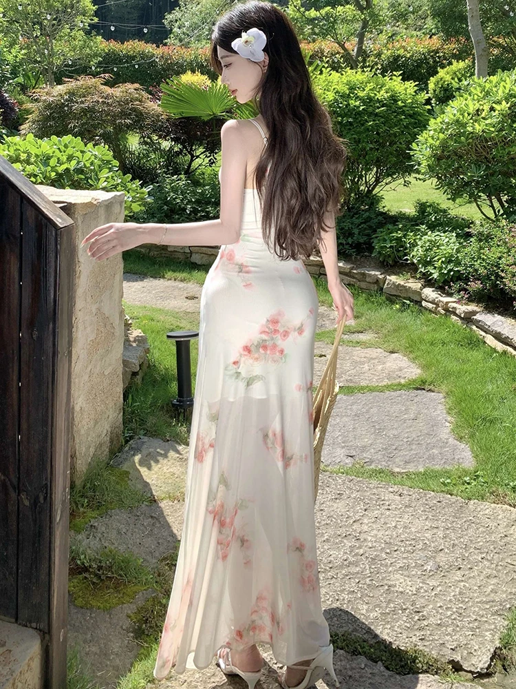 Sommer Floral Mesh Quadrat Kragen Sling Sexy Langes Kleid Frauen Boho Elegante Casual Kleid 2025, Koreanische Mode, Figurbetontes Urlaubskleid