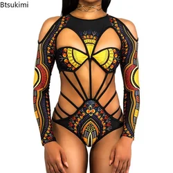 Women One Piece Swimsuit Bandage Bodysuit African Sexy Print Swimwear Female High Cut Monokini Women's Swimming Suit Biquini2024