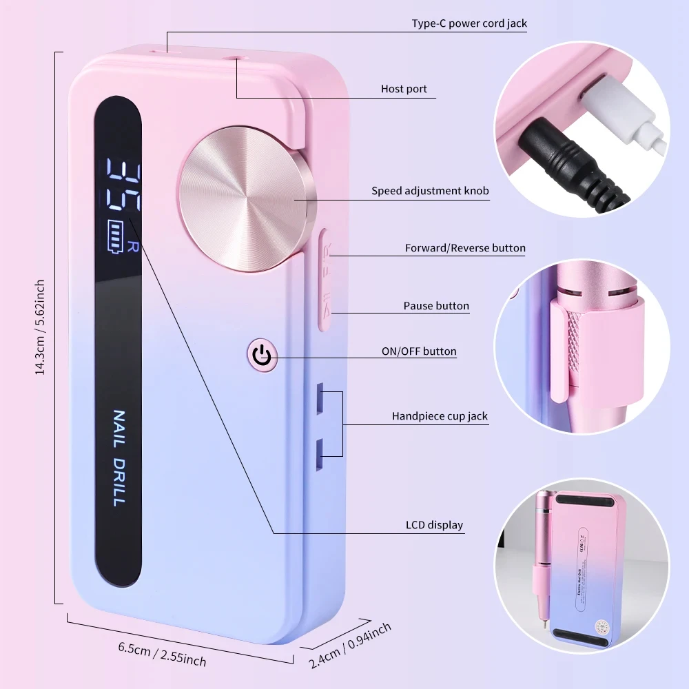 Pulidora de Uñas Eléctrica de 35000 RPM - Cuidado Profesional de Uñas de Gel, Lima de Uñas Portátil Recargable, Herramienta de Manicura