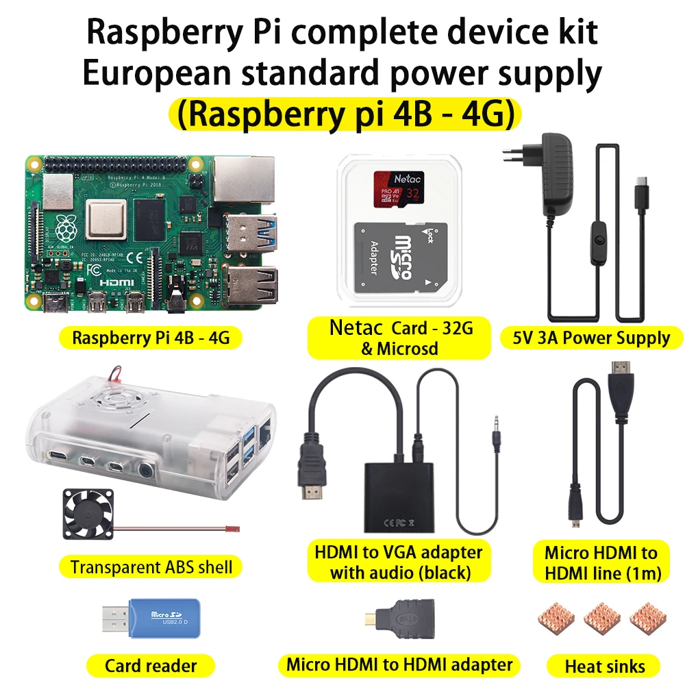 Original Raspberry Pi 4B-4G Complete kits With RPI Board+US EU UK AU Plug Power Supply Adapter For Raspberry Pi 4B Starter Kit