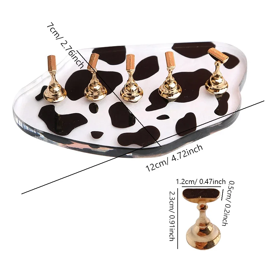 Soporte de exhibición para decoración de uñas con estampado de vaca, herramienta de estante de 5 puntas magnéticas para práctica de manicura, exhibición de salón, prensa en la fabricación de uñas