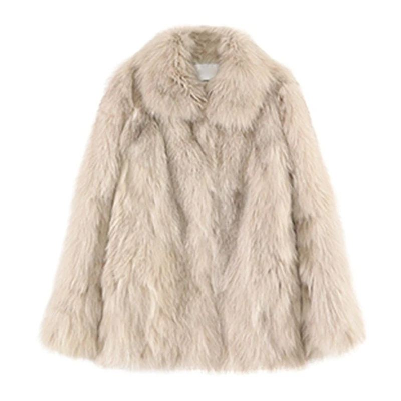 معاطف نسائية من الفرو الصناعي سترات من الفرو الصلب متوسطة الطول وأكمام طويلة وياقة مقلوبة بغرز مفتوحة سميكة وفضفاضة غير رسمية لخريف وشتاء 2025 #2
