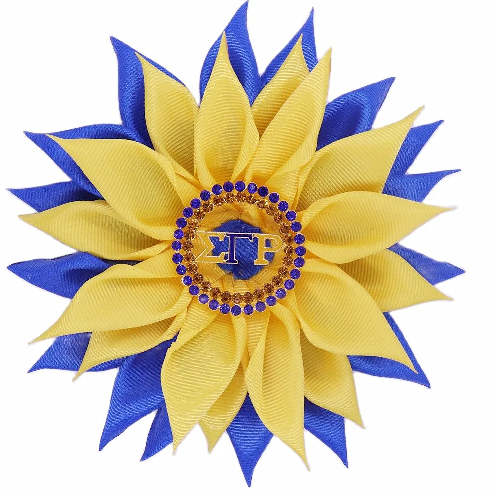 Ramillete de flor de sol para mujer, broche de cinta de alta calidad, Popular, azul sólido, amarillo, bonito, para Club Social, Sigma, Gamma, Rho