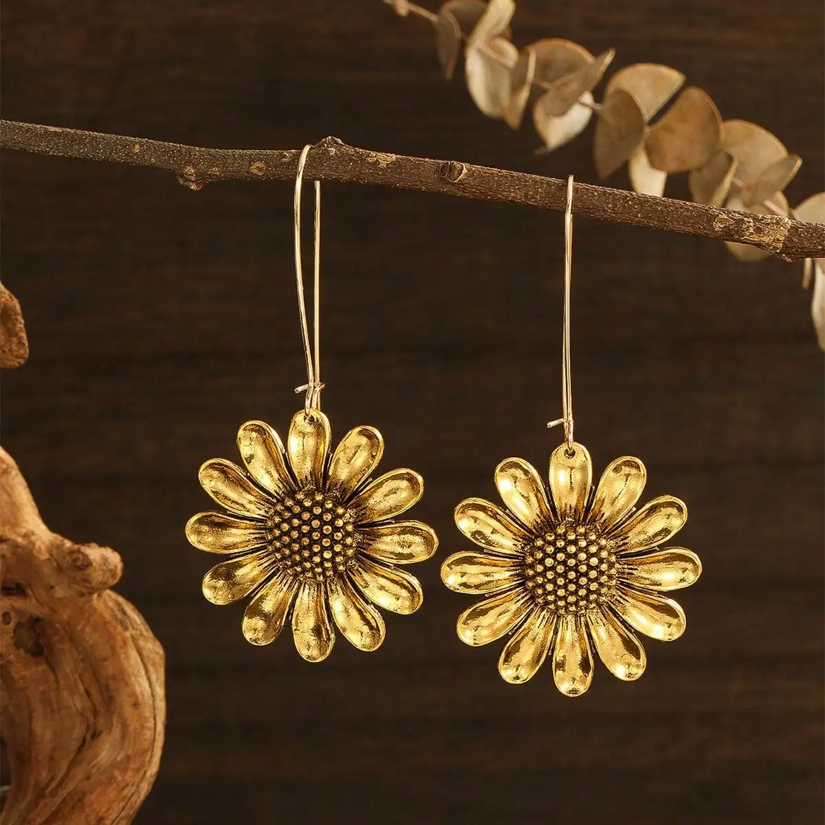 Luxury Gold Color Sunflower Earrings Large Sunflower Boho Floral Inspiration Statement Earrings Woodland Wedding Hippie Jewelry