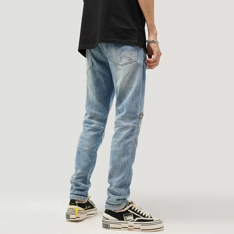 Streetwear Fashion Men Jeans Retro Light Blue Elastic Slim Fit Hole Ripped Jeans Men Spliced Designer Hip Hop Biker Pants Hombre
