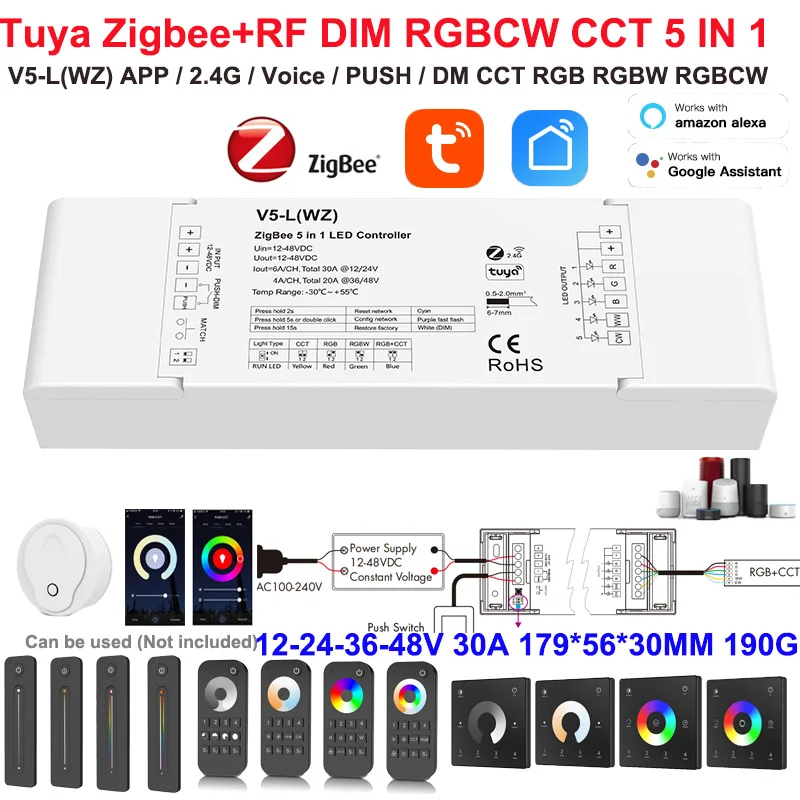 2in1 5in1 Zigbee LED Controller 12V 24V Dimmer CCT RGBCW Strip Light Control 2.4G RF Remote Tuya Smart Life APP for Alexa Google