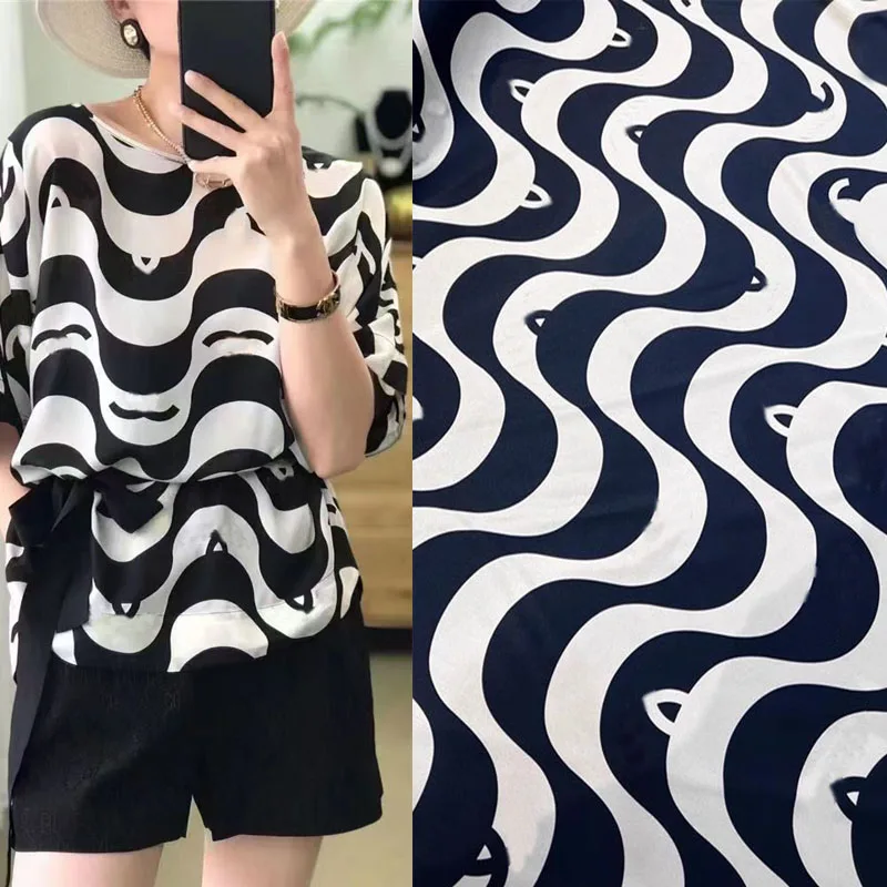 Fashion Brand Design Black and White Wave and Letter Printed Imitate Silk Satin Fabric For Woman Dress Blouse Handmade DIY Cloth