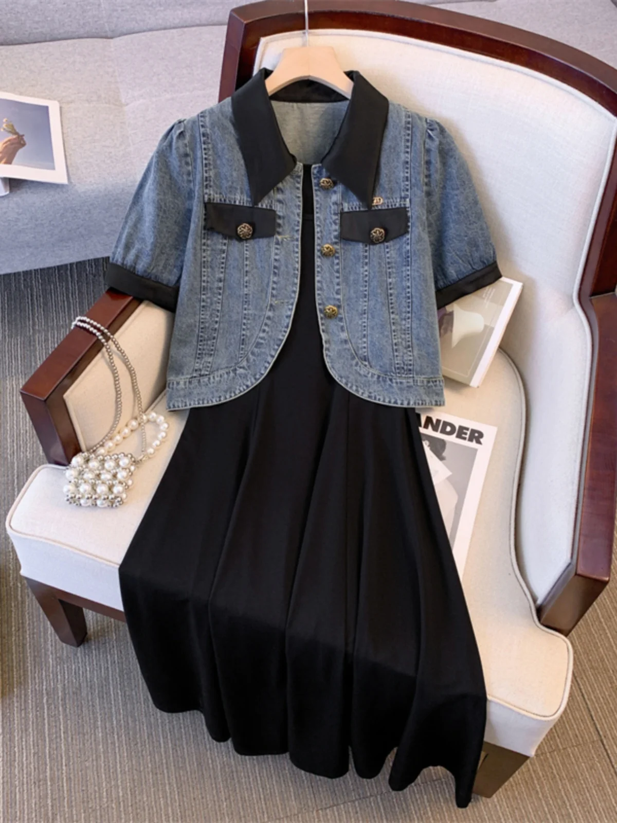 

Женский костюм из двух предметов, контрастное джинсовое пальто с отложным воротником и Однотонный сарафан большого размера в Корейском стиле на лето