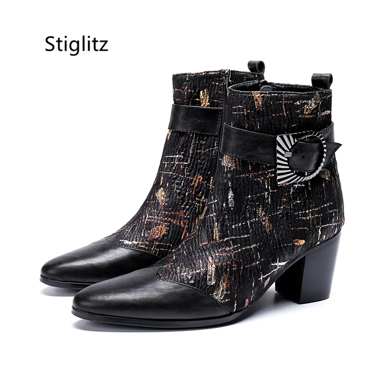 Red Black Prints Men's Ankle Boots Metal Buckle High Heel Boots Zip Genuine Leather Party Catwalk Office Shoes Wear-Resistant