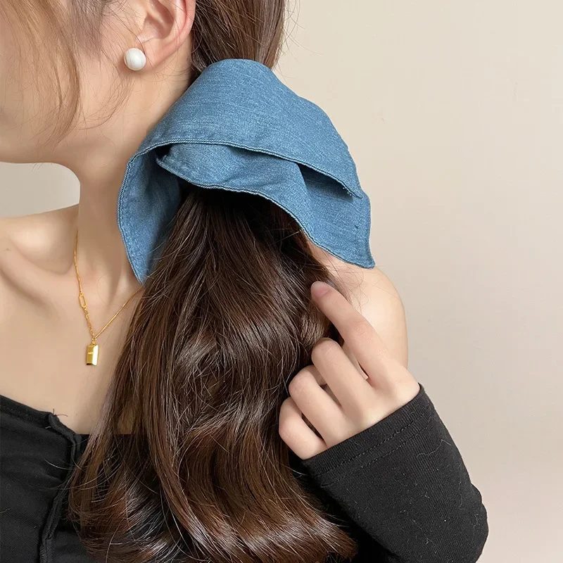 22x22cm Vintage Retro Frauen Übergroßen Denim Platz Scrunchie Weibliche Pferdeschwanz Haar Krawatten Elastische Haarband Kopfbedeckungen zubehör