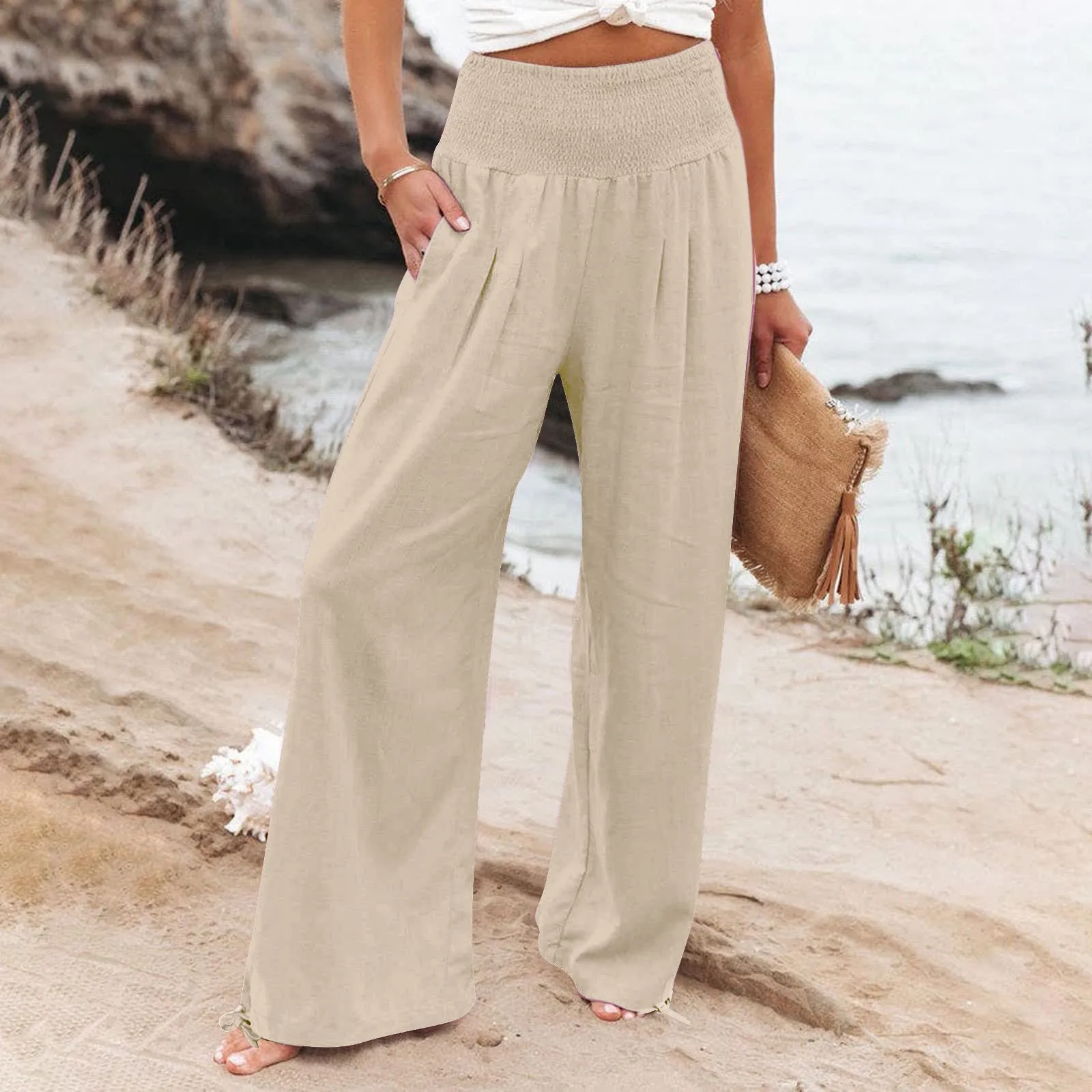 The New 2024 Women's Pants Wrinkled Cotton Linen Wide-leg Sweatpants Solid Color Mid-waist Casual Soft Comfort Trousers