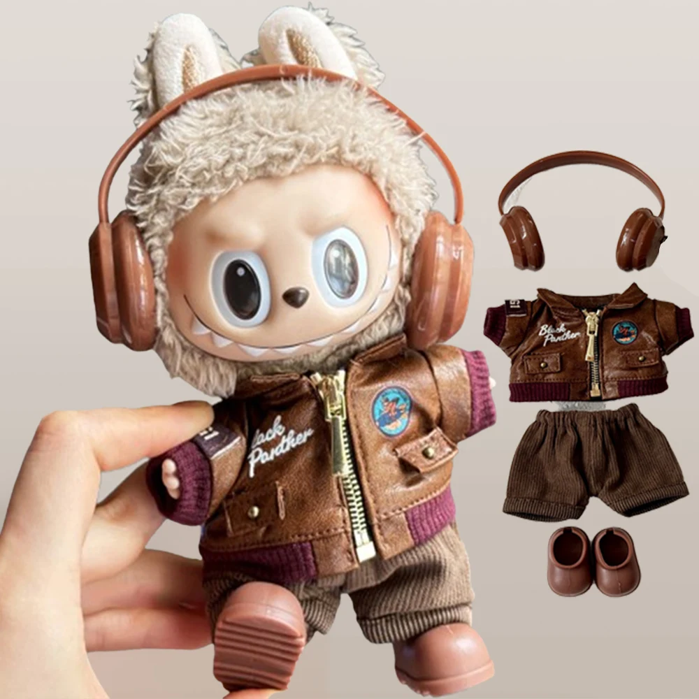 Ubrania dla Labubu Brązowa Retro Kurtka Pilotka Ubranka dla Lalek Modny Strój Akcesoria Zestaw Ubrań Modnych