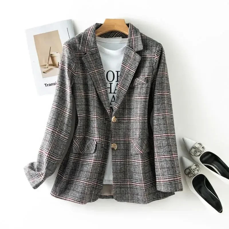 Tweed Plaid Long-Sleeved Casual Suit Female Fall And Winter Korean Retro Fashion Temperament Lapel Casual Blouse Jacket ZL427