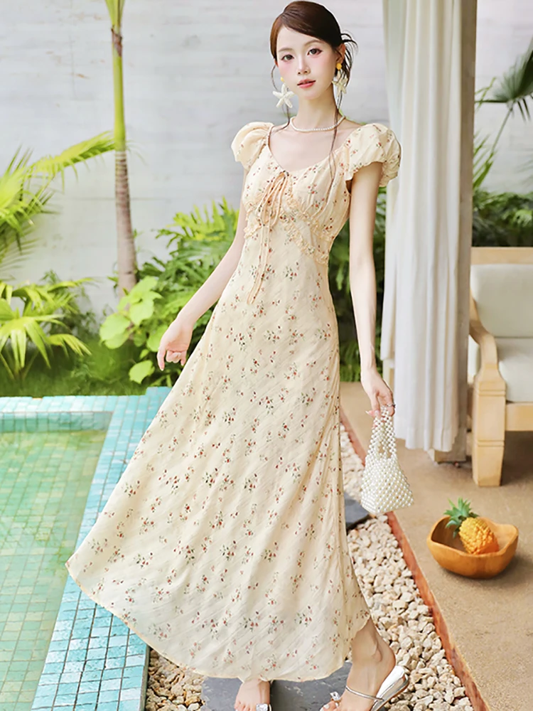 

Summer Floral Puff Sleeve Bow V-Neck Maxi Dress 2025 Elegant Casual Home Dress Women Korean Vintage Luxury Party Evening Dresses