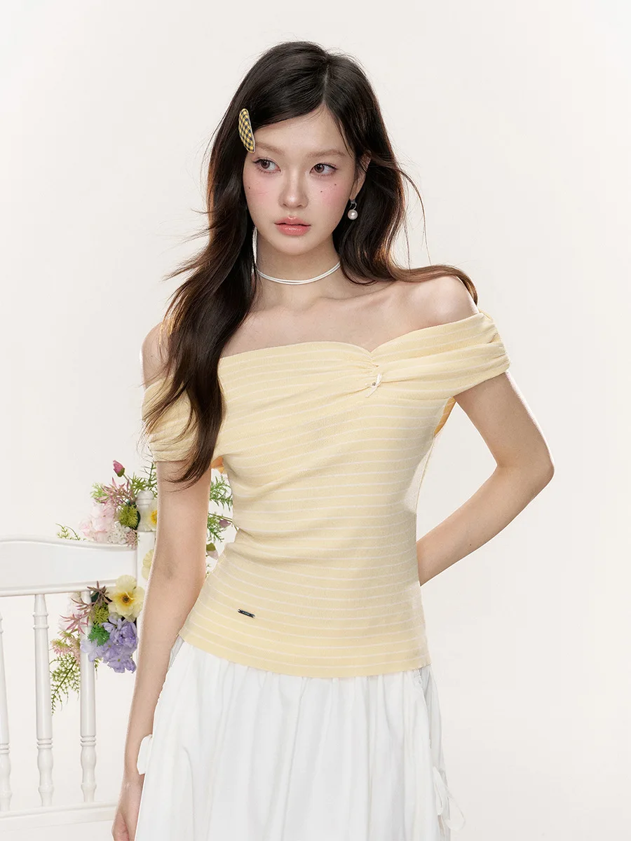 

Весенне-летний полосатый вязаный топ с длинным рукавом и одним открытым плечом, с завышенной талией, для женщин, для повседневной носки, с креативным узором, из полиэстера.