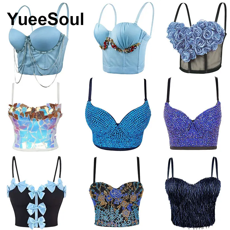 الأزرق المحاصيل القمم الفاخرة حفل زفاف نادي الشاطئ رداء علوي من دون أكمام للنساء 2025 صيف جديد Y2K الحلو لطيف مثير مشد بوستير الشارع الشهير