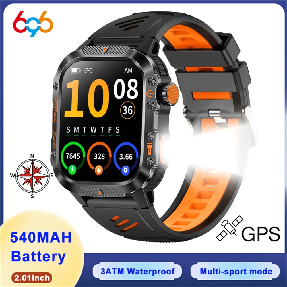 GPS Outdoor Sports Compass Blue Tooth Call Smart Watch 3ATM Waterproof Flashlight Heart Rate Health Music Smartwatch Calculator