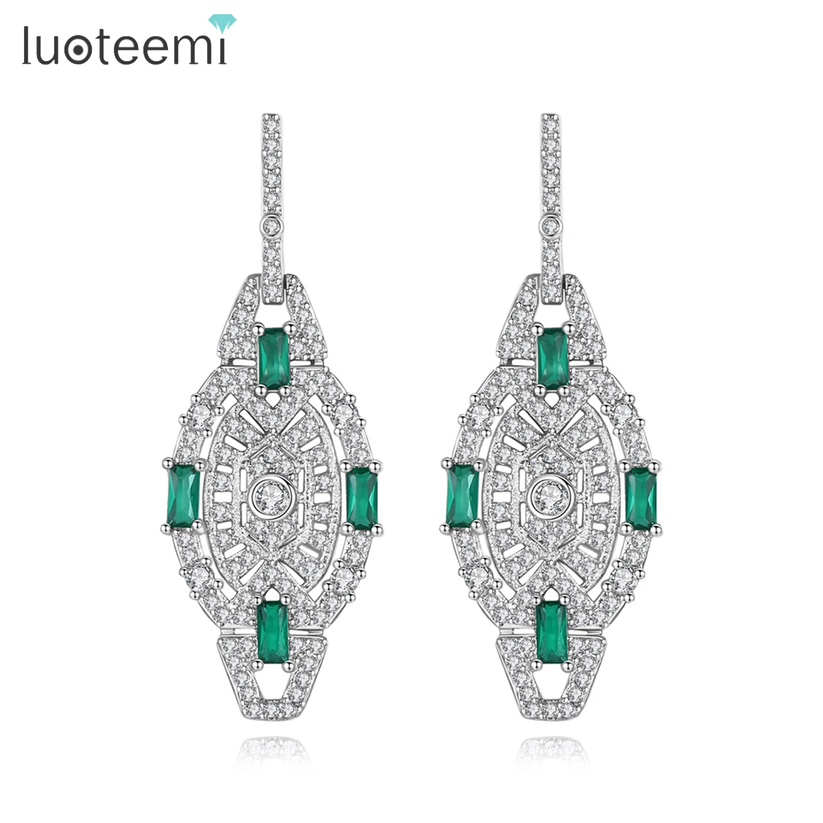 LUOTEEMI Vintage Stunning Imitation Green Jade Drop Earrings for Women Shinning Full Micro CZ Paved Women Wedding Bridal Jewelry