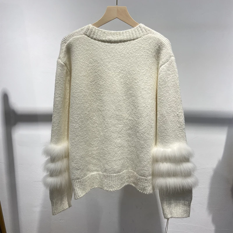 2025 outono feminino real pele de raposa camisola de pele real primavera especial grânulo decoração design jaqueta de malha wear