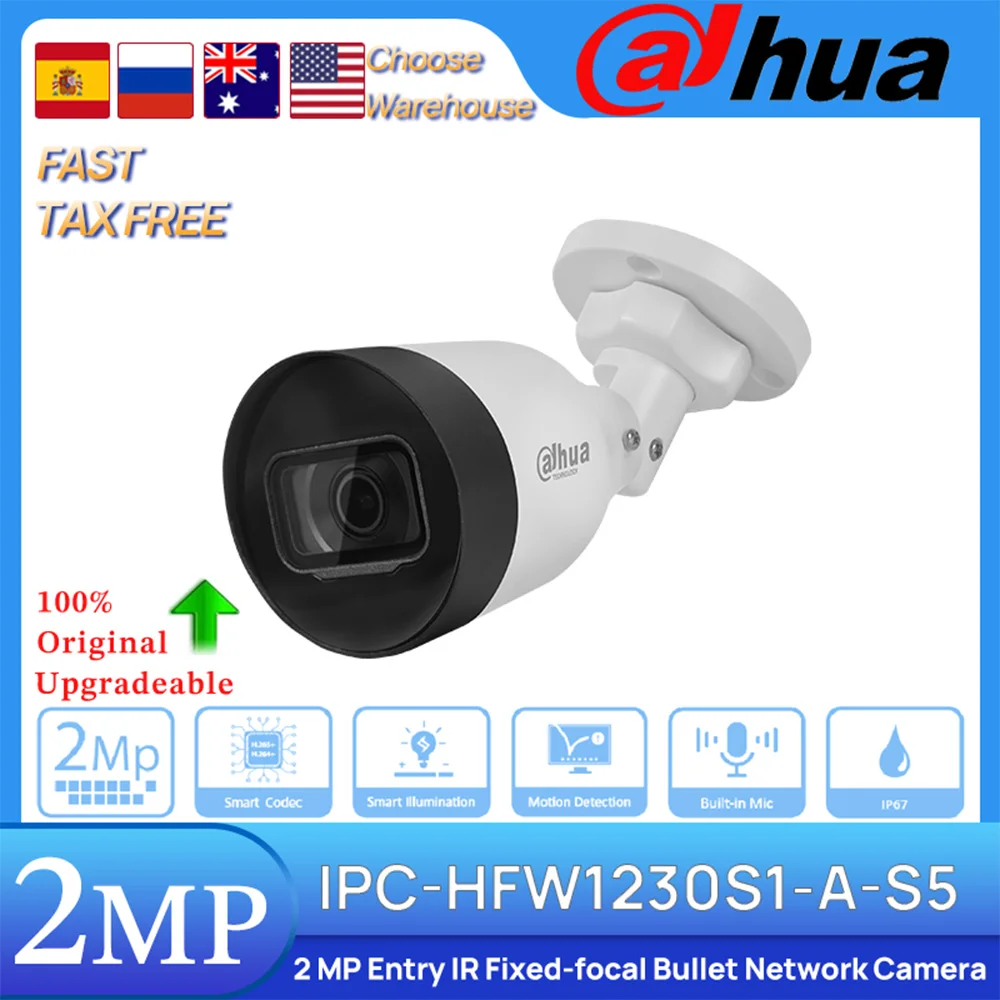 Dahua Original IPC-HFW1230S1-A-S5 2MP Entry IR30M Fixed-focal Bullet POE Network Camera Motion Detection Built-in MIC H.265 IP67