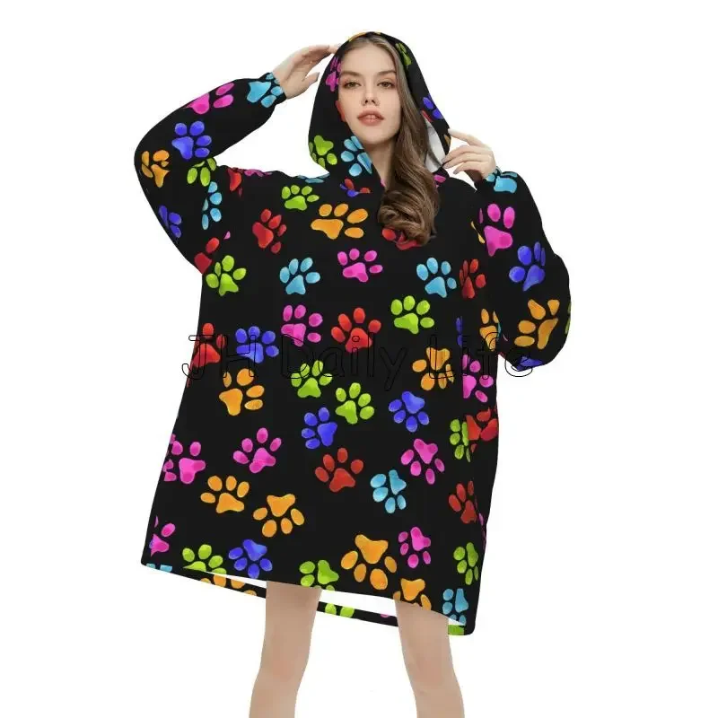 Dog Paw Print Wearable Blanket Hoodie Oversized Sweatshirt Soft Fleece Sherpa Blanket with Pockets Cute Birthday Gifts for Women