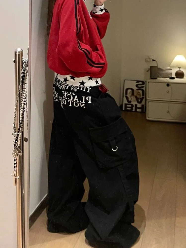 Women's White Letter Print Pattern Black Wide Leg Pants Spring Sweatpants Girl Casual Bottoms Female High Waist Street Trousers