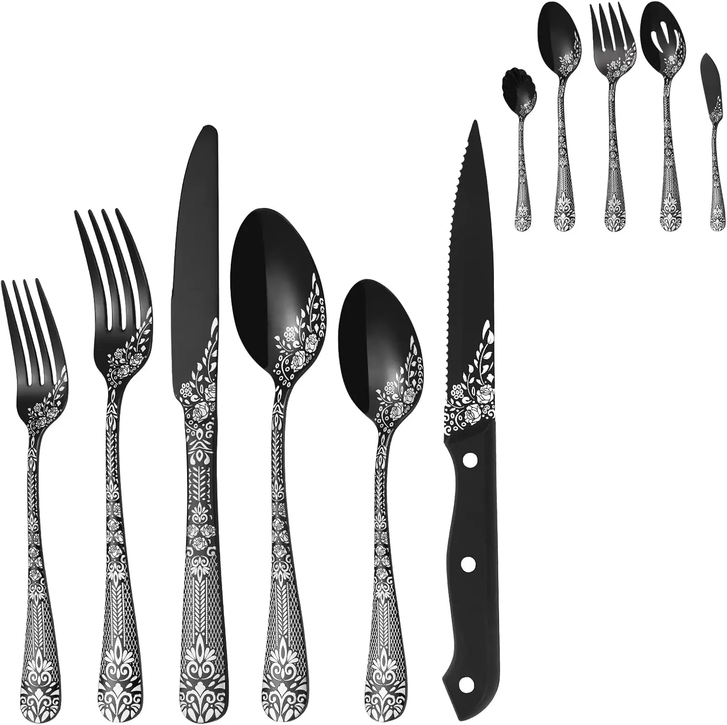 

53-Piece Black Silverware Set for 8 with Serving Utensils, Stainless Steel Mirror Cutlery, Dishwasher Safe