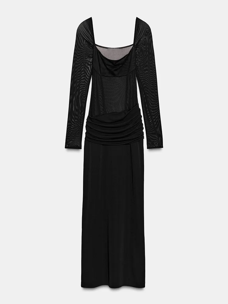 

Sweet Faionable Long Sve Square Collar Draped Dr Women's Winter New Arrival Midi Dr Color Evening Gown