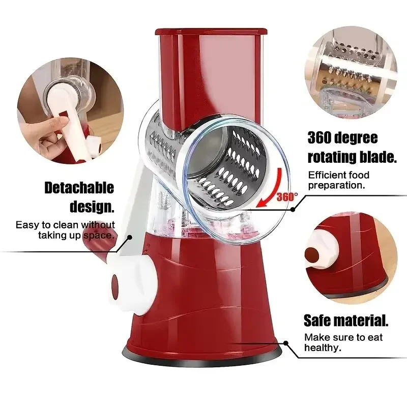 Household 3 In 1 Rotary Vegetable Cutter Handheld Grater With 3 Sharp Rollers Multifunctional Cheese Shredder Slicing Tool