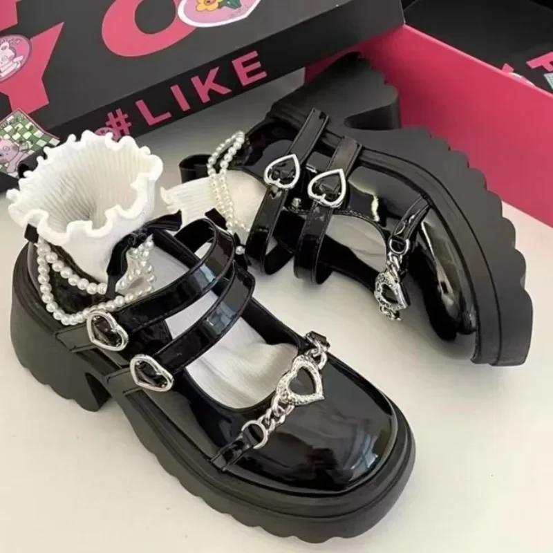 Lolita Schoenen Dames Punk Platform Pumps Metalen Ketting Mary Jane Lolita Schoenen Vrouw Japans Lakleer Hoge Hakken Gotische Schoen