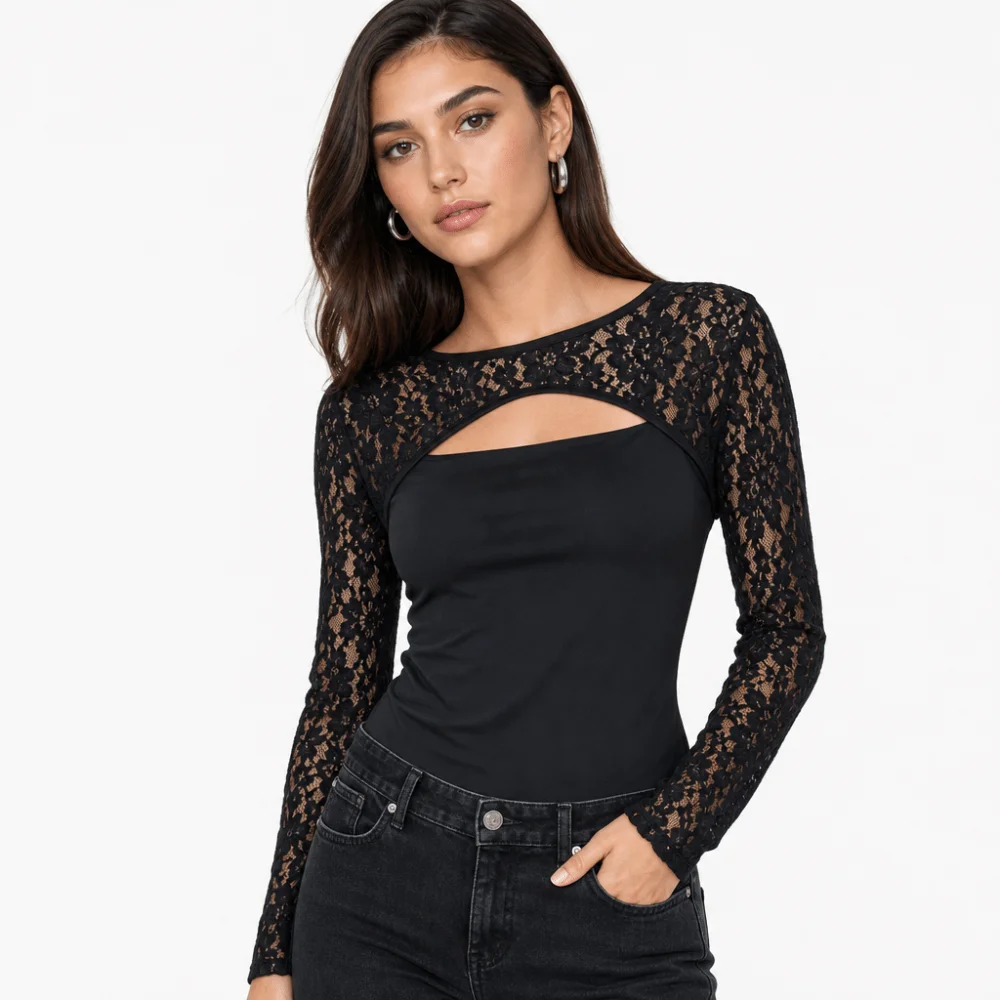 Stylish Solid Color Lace Long Sleeve Tops Breathable Elastic See Through Tops Slim Fit Sun Protection Mesh Cropped Tops