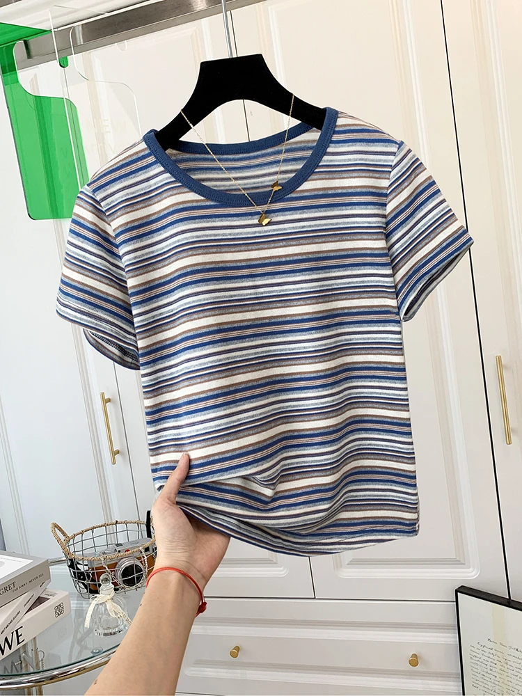 

Striped Short-Sleeved T-Shirt Women's 2024 Summer New Korean Style Niche Design Top Loose Casual Versatile T-shirt