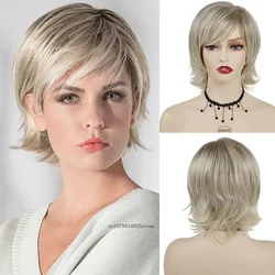 Short Blonde Wigs Female with Bangs Synthetic Natural Hairstyle Mommy Wig Ombre Blond Wigs Woman Straight Haircuts Soft Daily