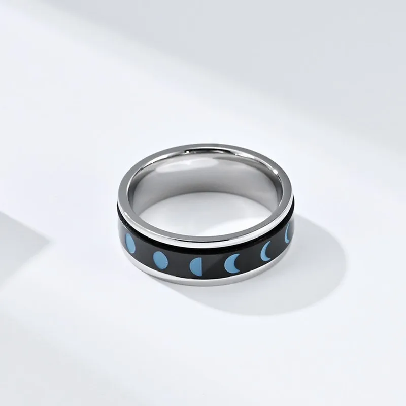 7mm Stainless Steel Crescent Moon Phase Spinner Ring Lunar Eclipse Jewelry for Women Men Size 6-11