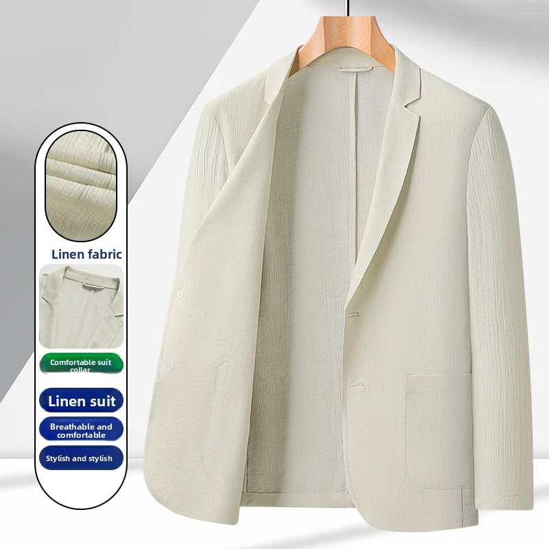 

Men's Linen Blend Lightweight Blazer, Breathable Casual Business Suit Jacket, Slim Fit Single-Breasted Spring Summer Coat
