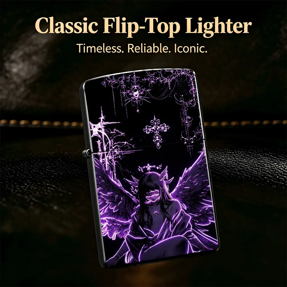 Pocket Lighter, Flip Top Windproof, Purple Angel with Wings and Crown Print, Metal Case, Ergonomic Grip, Adjustable Flame, Durable & Reliable