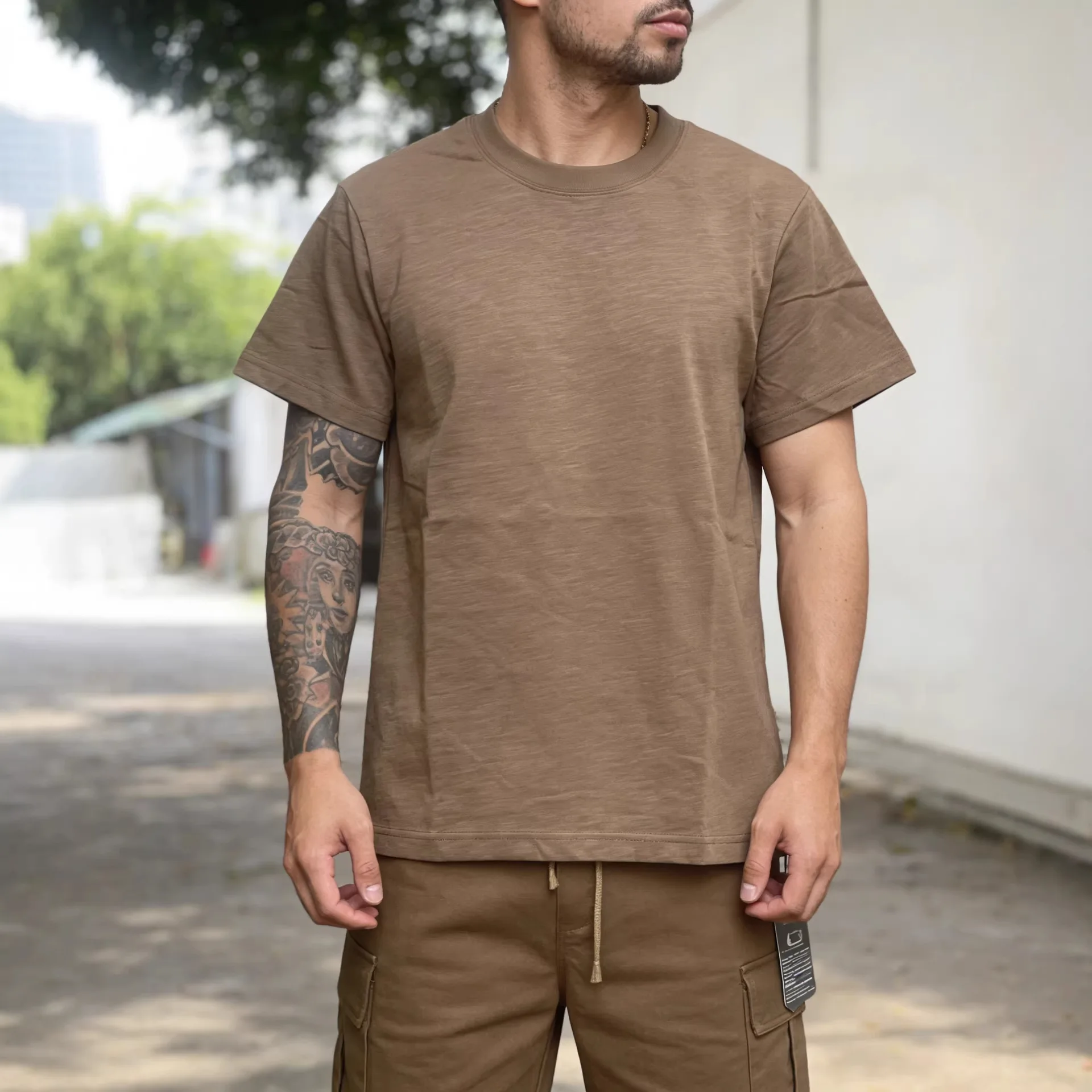 American Retro Amikaji 255g Heavy Duty Thick Old Bamboo Cotton Short Sleeve Solid Color T-shirt Basic