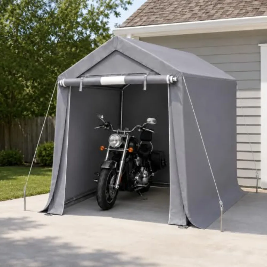 Heavy Duty Storage Shelter for Outdoor Use, Polyethylene Fabric in Gray, 6x7x8 Ft with Roll-Up Door for Easy Access and Weather