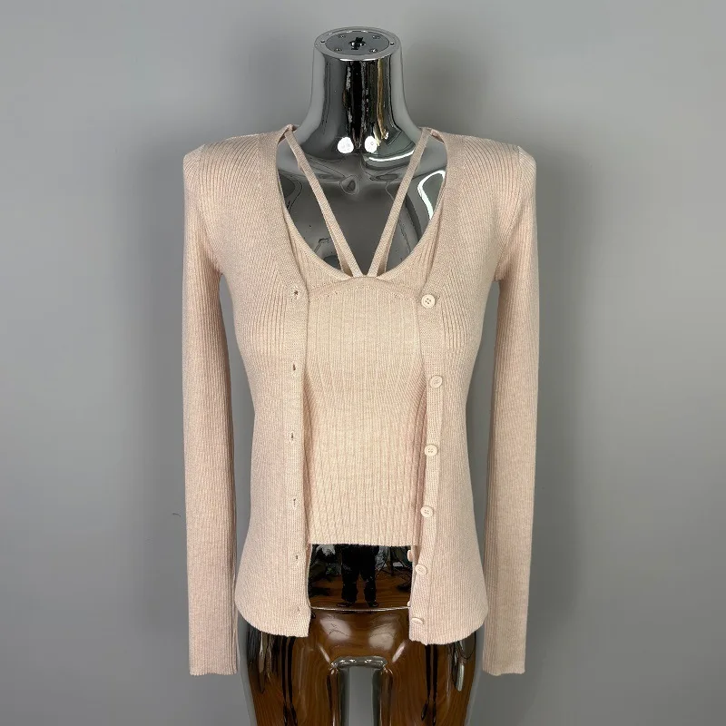 韓国スリム多用途セクシーなキャミソール + 長袖カーディガンニットツーピースセット女性用シャツ Tシャツ Tシャツトップス 9DLO