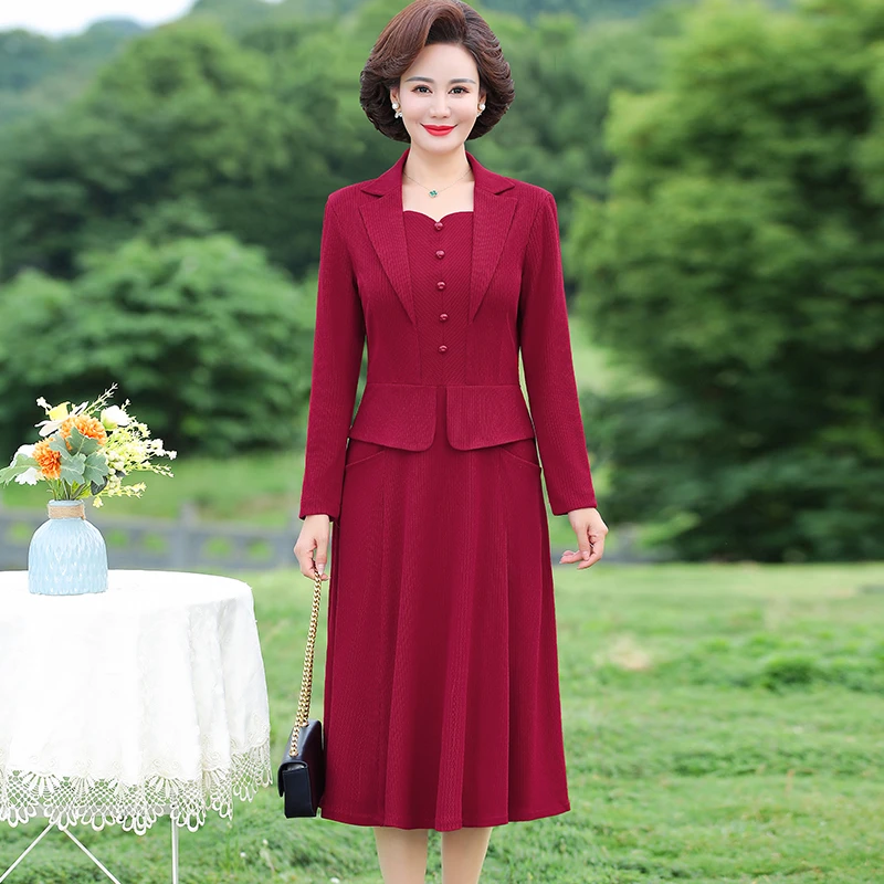 Women Autumn Dress Femme Fashion Solid Suit Collar Office Long Sleeve A-line Party Knee-length Women Vestido