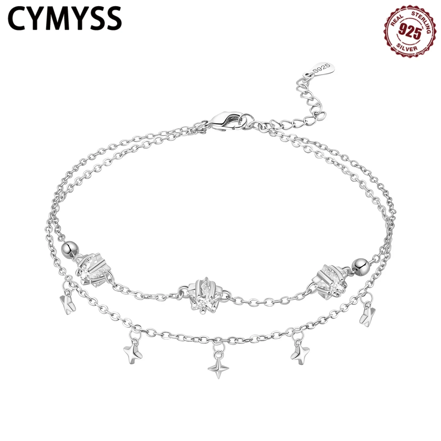 

CYMYSS 2025 New 925 Sterling Silver Layered Star Zircon Lady Anklet Boutique Wedding Birthday Party Jewelry Gift Women Anklet