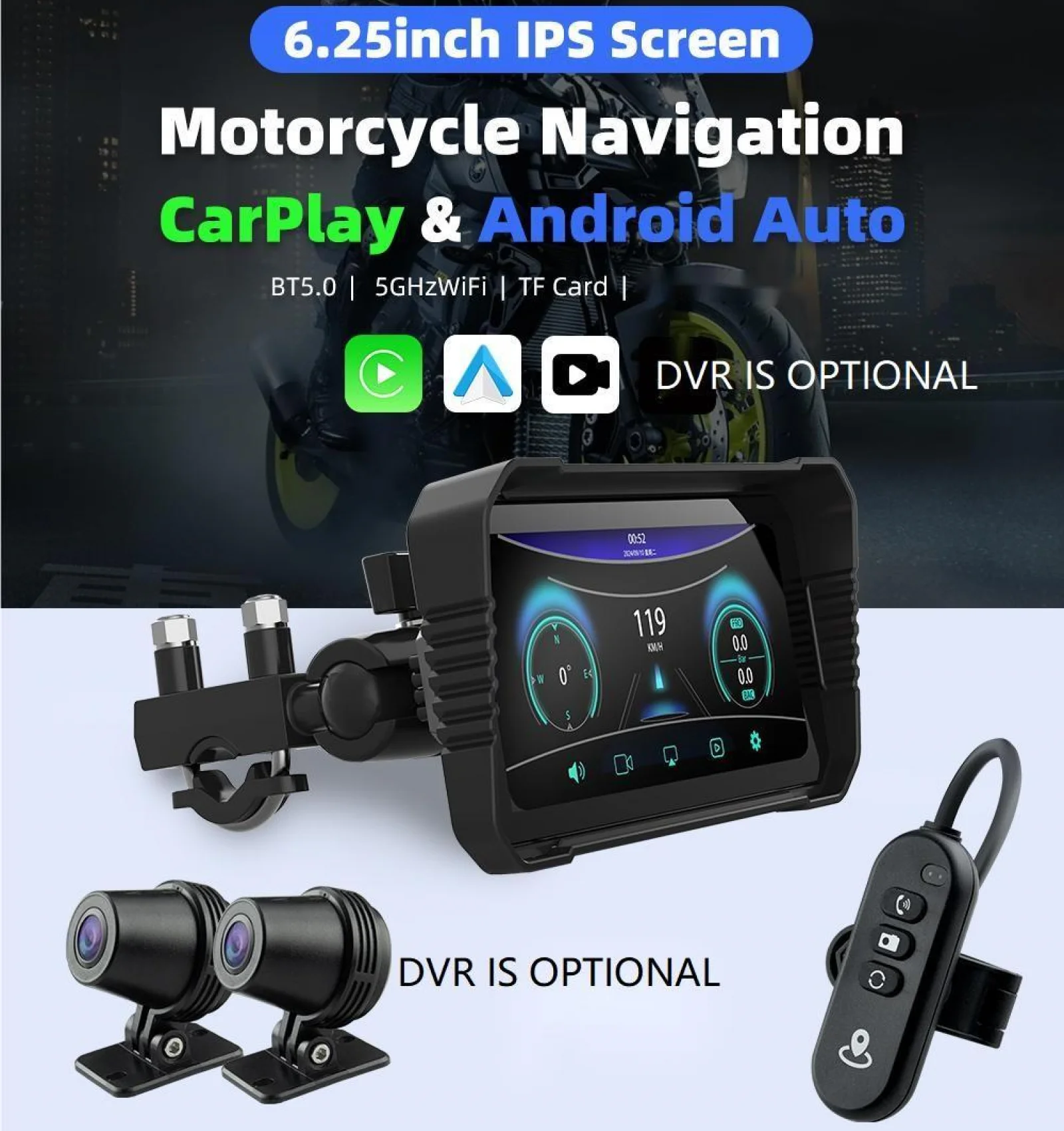 

6.25 Inch Motorcycle CarPlay IP67 Waterproof 800nit External Portable Motorcycle Screen Support Wireless CarPlay Android Auto